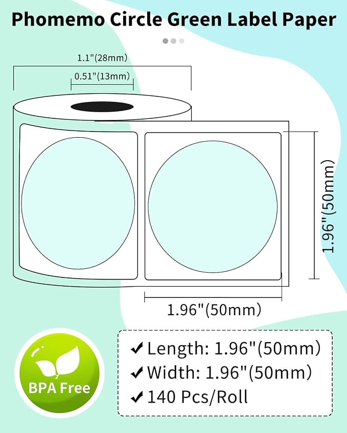 Phomemo Circle Labels for M110/M110S/M120/M200/M220 Label Maker, 1.96" x 1.96"（50x50 mm） Round Thermal Label for Barcode Labels, DIY Logo Design,Green