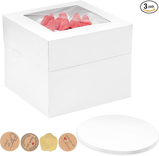 12x12x12 Inches Cake Boxes with Cake Boards, 3 Pack Premium Tall Cheesecake Boxes with Display Window for Christmas, Birthday, Wedding