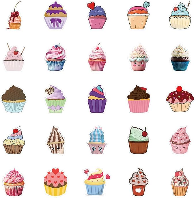 Sweet Cupcake Vinyl Stickers, 50 PCS Waterproof Illustrated Dessert Decals for Laptops, Scrapbooking, Journals, Notebooks, Water Bottles, Suitcases, Phones & DIY Decor