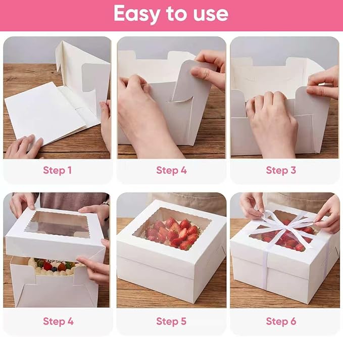 2 Pack 12 x 12 x 8 in Cake Boxes with Window & Cake Boards — Disposable Cake Carrier Boxes with Lid, Includes Stickers, Envelopes, Greeting Cards & Ribbon — Bakery Boxes for Cakes & Cupcakes