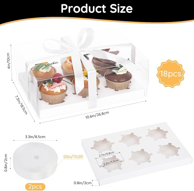 EUSOAR Clear Cupcake Boxes, 18 Pack White Bakery Cupcake Carriers 6 Count with Ribbon, Clear Muffins Gift Holder Disposable Containers Dessert Cookies Pastry Display for Birthday Wedding Party Favor