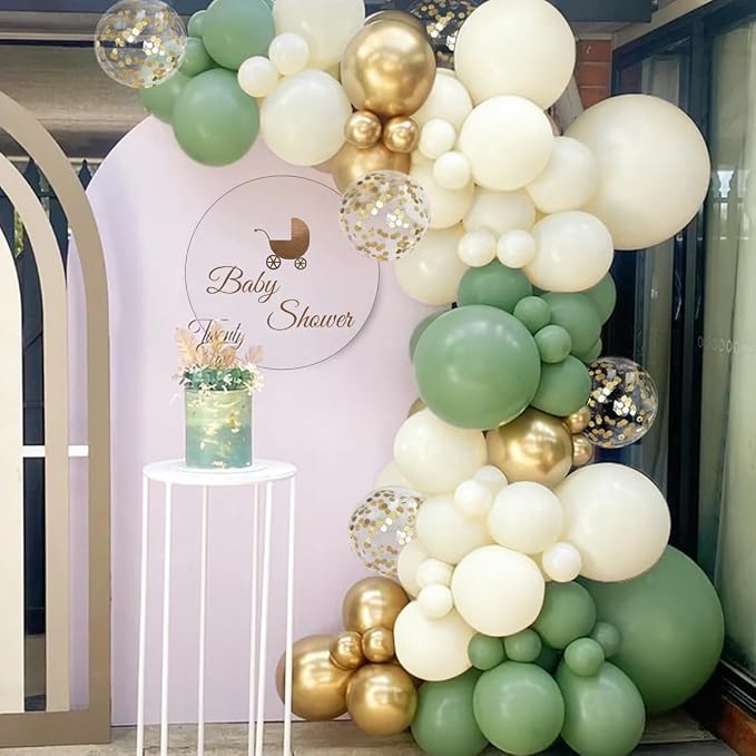 Sage Green White Gold Balloon Garland Arch Kit, 167Pcs Latex Balloons Different Sizes 15 12 10 5 inch for Baby Shower Gender Reveal Birthday Engagement Party Decorations