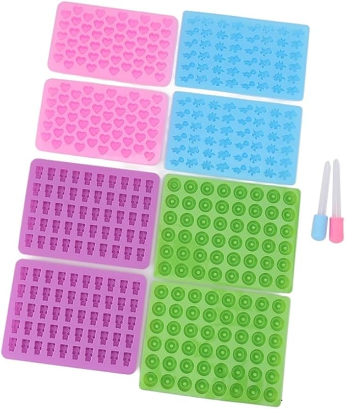 Limen 8Pcs Silicone Candy Mould Set with 2 Droppers, 4 Shapes Flexible Non-Stick Gummy Chocolate Trays for Dinosaur Bear Heart Donut Cookies Treats