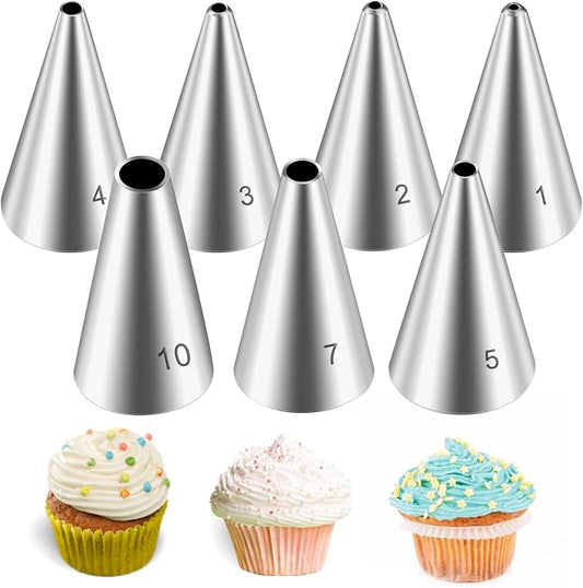 Dimeho 7 Pcs Round Hole Piping Tips Set Stainless Steel Cupcake Frosting Nozzles Cake Decorating Tool Russian Pastry Icing Dispensers Supplies for Baking Cookies Puff Doughnut Cream Bag Filler