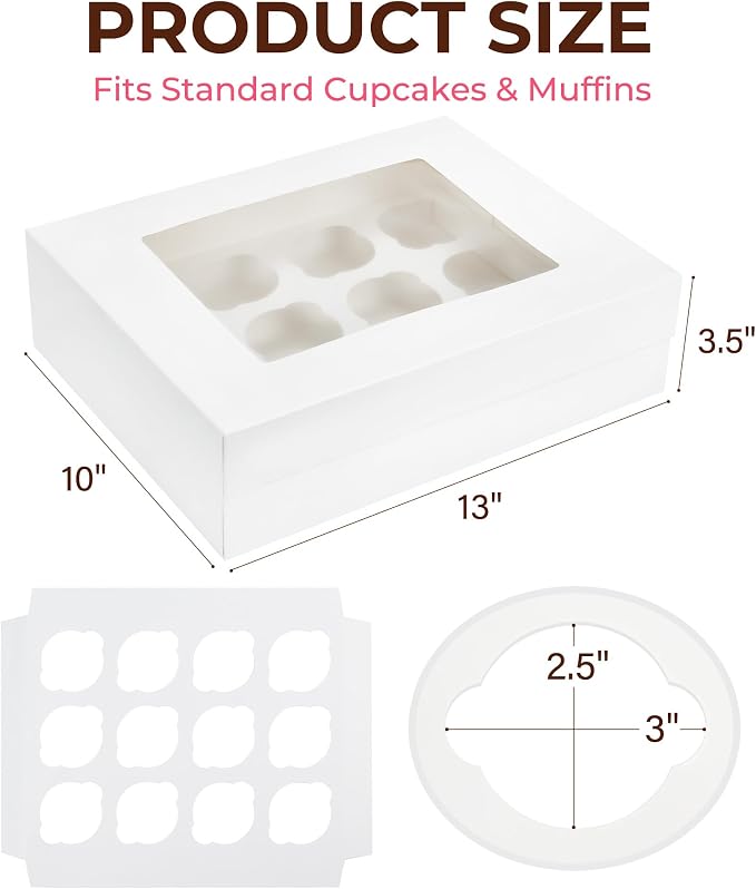 LotFancy 12 Pack Cupcake Boxes 12 Count, Holding 144 Cupcakes, White | Pre-Folded, Disposable, BPA Free, With Windows and Inserts, Food Grade Cupcake Holders for Birthday Holiday Party Bakery