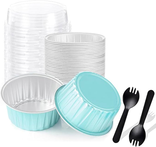 25PCS Round Mini Loaf Pans with Lids,Mini Cake Pans with Lids,Disposable Ramekins Baking Cups Muffin Tins Cupcake Cups for Wedding Birthday Party,5oz (Blue)