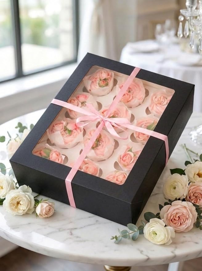 Bakepacker Auto-pop Up Cupcake Boxes with Window Black 40PCS 12 Count Cupcake Box 13"x10"x3.5" Cupcakes Carrier, 12 Cupcake Containers with 2 rolls of pink ribbons