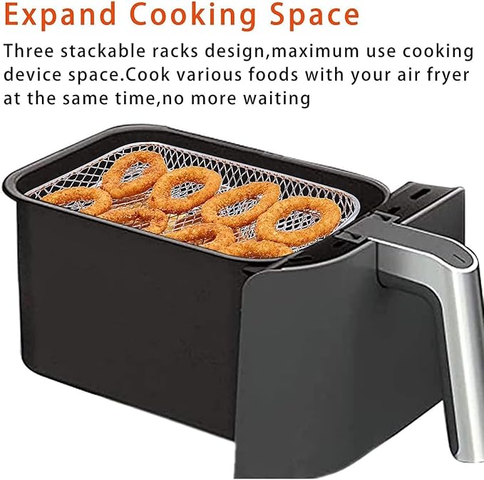 3 layer Square Air Fryer Rack, Stainless Steel Dehydrator, Air Stainless Steel Dehydrator Grill Enhanced Airflow Design Air Fryer Rack for Chicken Wings Vegetables Dual Cakes (Rectangle Set)