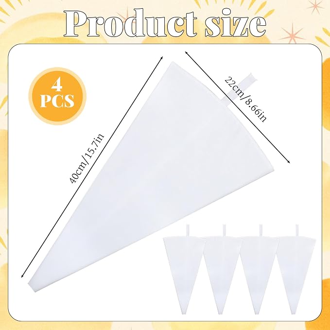 4 Pack Reusable Pastry Piping Bags, 16 inch Cloth Frosting Bag Canvas Cake Decorating Bags White Icing Piping Bag for Cakes Cookies Dessert DIY Making