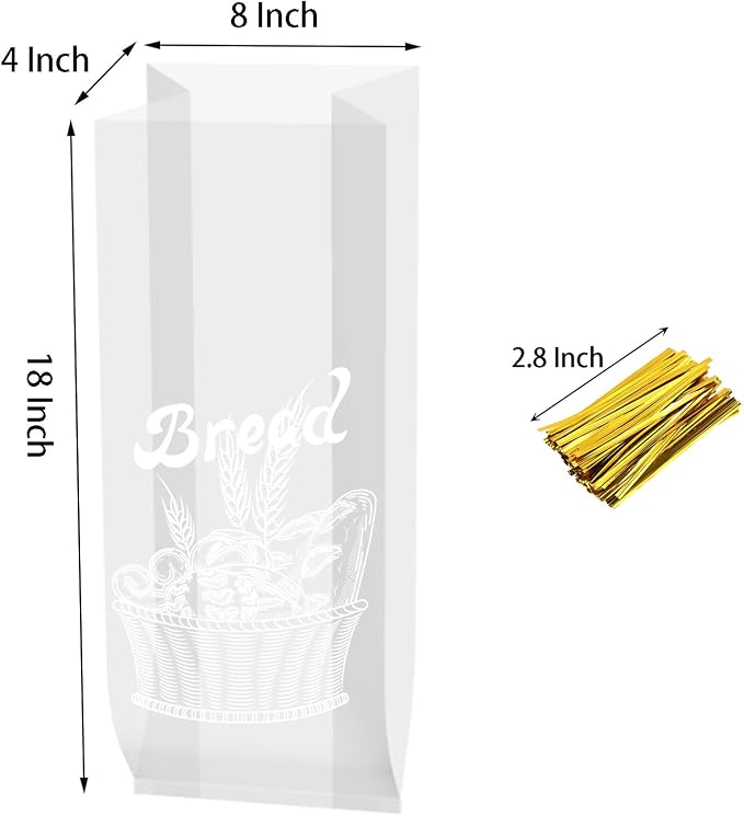 Nicunom 200 Pack Bread Loaf Packing Bags with Ties, Printed Bread Bag for Homemade Bread or Bakery, 8” x 4” x 18”, Reusable Plastic Bread Bags, Large Bread Storage Bags Adjustable