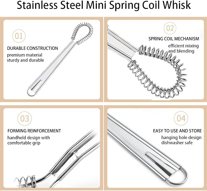 Stainless Steel Mini Whisk Set 2 Pack, Spring Coil Flat Egg Beater, Kitchen Cookware Milk Frother Hand Mixer For Cooking, 8 inch