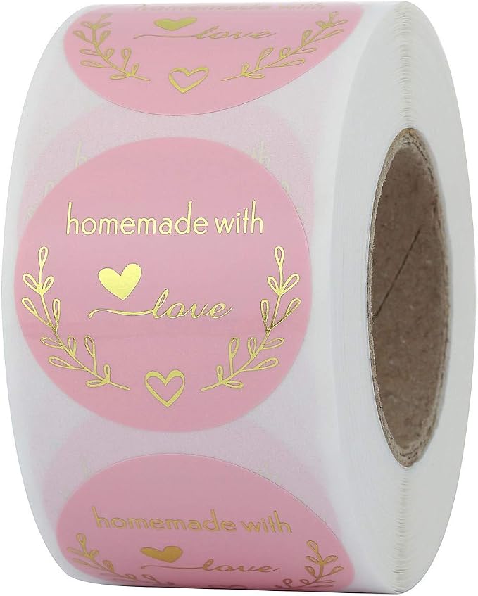 Yoption 1.5 Inch Round Homemade with Love Stickers Pink for Packaging, Cookie Bags, Small Shop Local Handmade, 500 Labels per Roll