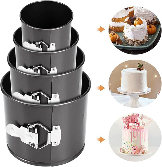 4Pcs Springform Cake Pan(4”/4.7”/5.7”/6.7”), Heighten Mini Nonstick Carbon Steel Cheesecake Pan, Leakproof Cake Baking Pans with Removable Bottom, Mini Spring Form Pan