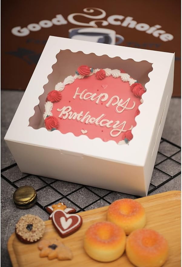 Bakepacker 36pcs 8x8x5 Inches Cake Boxes with Window 18-Packs White 8 Inch Bakery Boxes (18 Cake boxes +18 Cake Boards+10 Meters Silk Ribbon Includes)