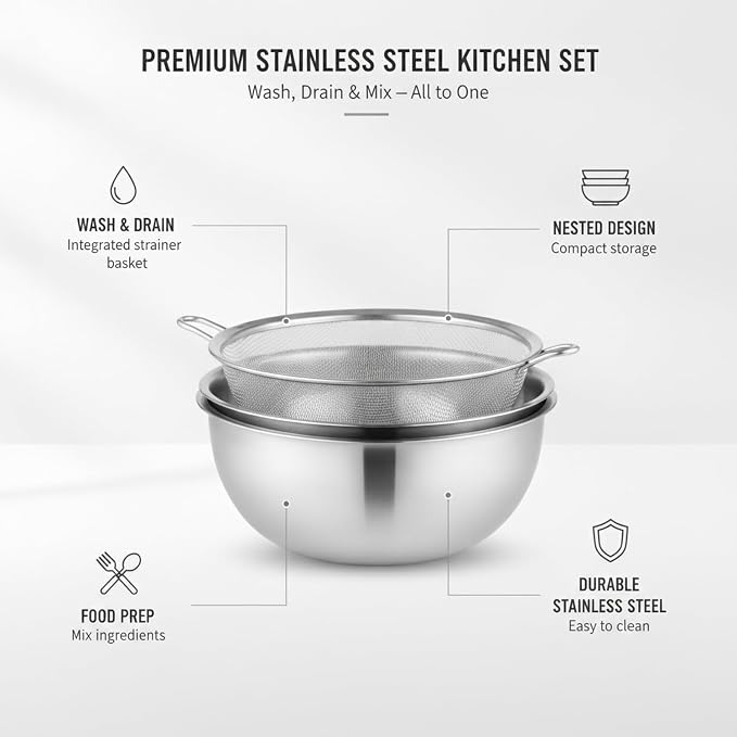 Home Cooks Stainless Steel Mixing Bowl Set with Nested Strainer for Efficient Washing and Food Prep
