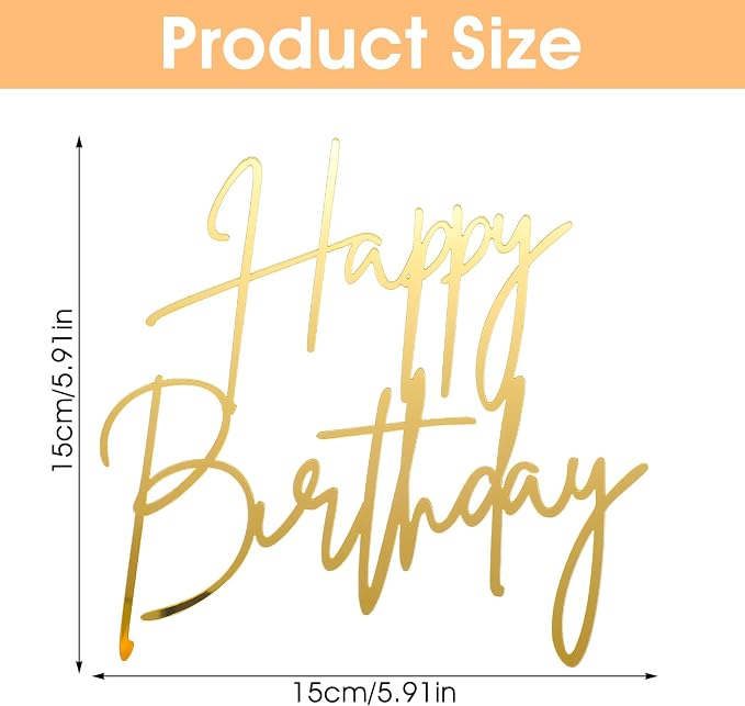 1PCS Gold Happy Birthday Cake Topper, Acrylic Happy Birthday Cake Sign Party Decorations Cupcake Toppers for Anniversary, Bridal Shower, Party Desserts Pastries Supplies