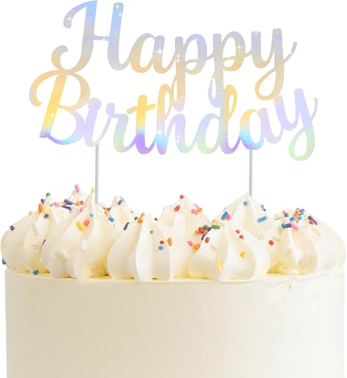 BEISHIDA Iridescent Silver Happy Birthday Cake Topper, Cake Bunting Decor, Party Decoration Supplies, Photo Booth Props