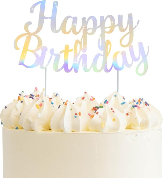 BEISHIDA Iridescent Silver Happy Birthday Cake Topper, Cake Bunting Decor, Party Decoration Supplies, Photo Booth Props