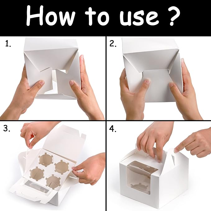 Jucoan 40 Pack Cupcake Containers, 4 Count White Kraft Paper Cupcake Boxes with Insert Window and Handle, Cupcake Holder Bakery Pastry Boxes, Gable Party Favor Treat Boxes for Wedding Mother's Day