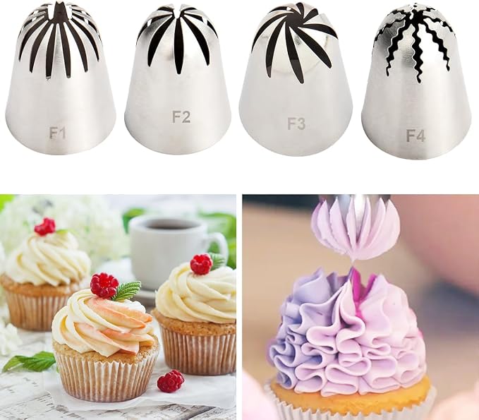 Large Cookie Piping Tips Set, 4 Stainless Steel Multi-Tooth Nozzles for Cake Decorating, Reusable Icing Tips for Cookies, Cupcakes, Korean Buttercream Flowers, Baking Supplies