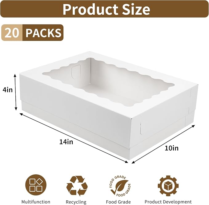 Moretoes 20pcs 14x10x4in Sheet Cake Boxes, White Rectangle Quarter Bakery Boxes with Window, for Cake Pastry Baking Donuts Cupcake Pie Packaging