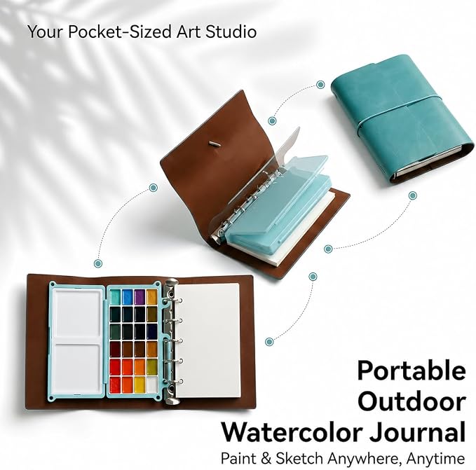 Mini Travel Watercolor Sketchbook Set - 24 Colors Pocket Paint Kit (6 Metallic, Neon, Macaron) with Refillable 300gsm Black & White Paper - PU Leather Urban Sketching Binder & Water Brush Gift