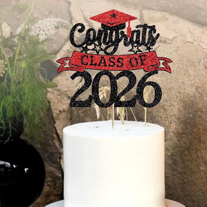 Glitter Class of 2026 Cake Topper，Congrats Grad Decorations， 2026 Happy Graduation High School/College/University Graduation Party Supplies Black and Red