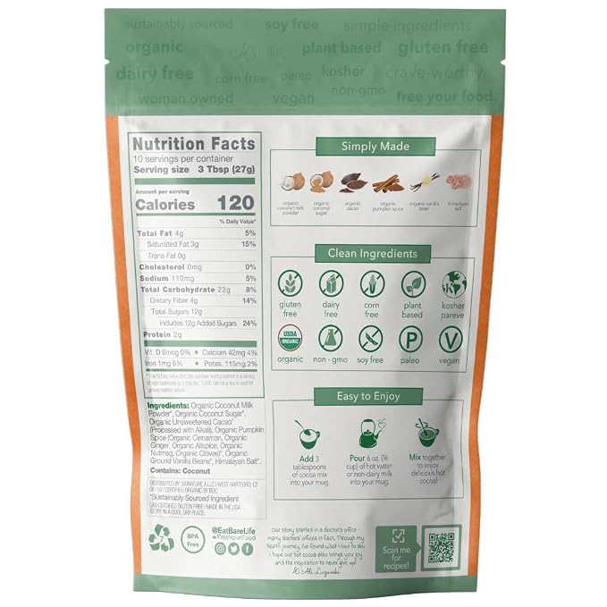 Bare Life Organic Pumpkin Spice Hot Cocoa Mix, Dairy Free Hot Cocoa Mix, Vegan Hot Chocolate Powder, Gluten Free, Kosher Pareve, Just Add Hot Water, 9.52 oz Pouch