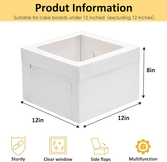Moretoes 30 Pack Cake Boxes 12 Inch with Cake Boards (15 Boxes & 15 Boards), 12x12x8 Inch Carrier with Window for Cajas Pasteles, White Bakery Containers Disposable Boxes for Birthday, Party