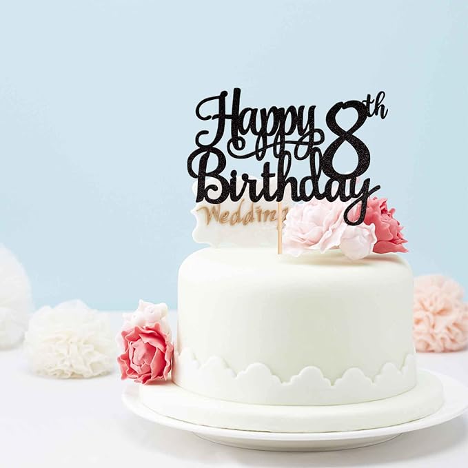 1 PCS Happy 8th Birthday Cake Topper Glitter Cheers to 8 Years Cake Pick Number 8 Fabulous Cake Decoration for 8th Birthday Theme Party Decorations Supplies Black
