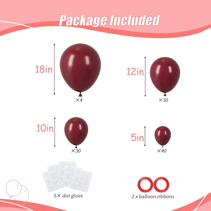 104pcs Burgundy Balloons Different Sizes Pack - 18/12/10/5 Inch Maroon Latex Balloons Garland Arch for Birthday, Wedding, Baby Shower, Valentines Day Party Decoration