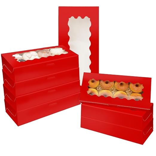 qiqee 50 Packs Red Cookie Box with Window 12x5.5x2.5 Inch Two Uses Pastry Biscuit Bakery Box For Packaging