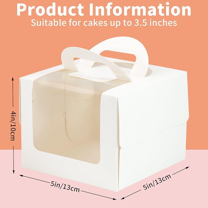40Pcs 5×5×4 Inches Mini Cake Boxes-Solid White with Carry Handles and Cake Board-Suitable for Cakes up to 4 Inch,Cake Container,Pastries,Bakery Treats-Perfect for Celebrations and Gifts