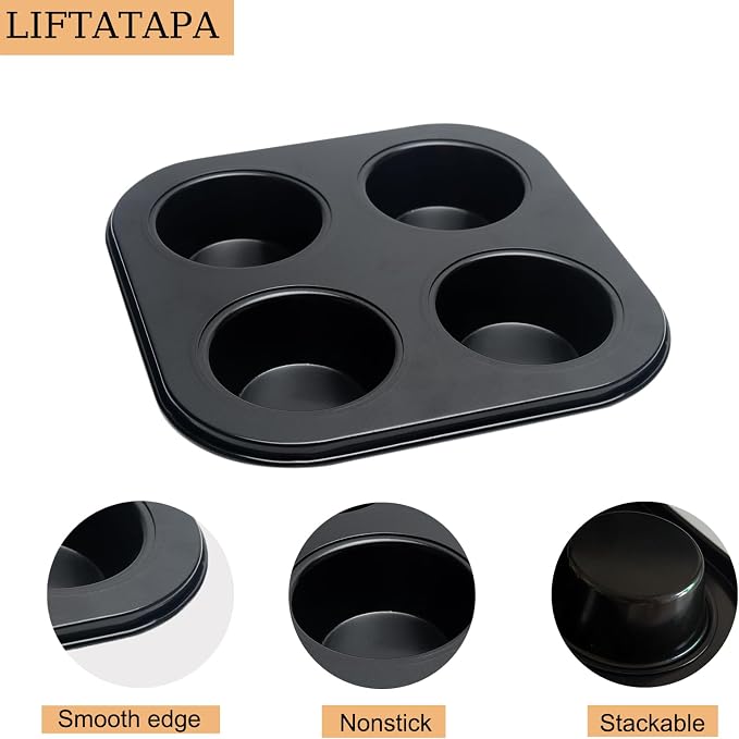 4 Cup Muffin Pan Mold, Non-stick Cupcake Baking Pan Mini Pie Pans, Carbon Steel Cake Mould Muffin Tray Standard Baking Mold Pan for Oven Baking(Black)