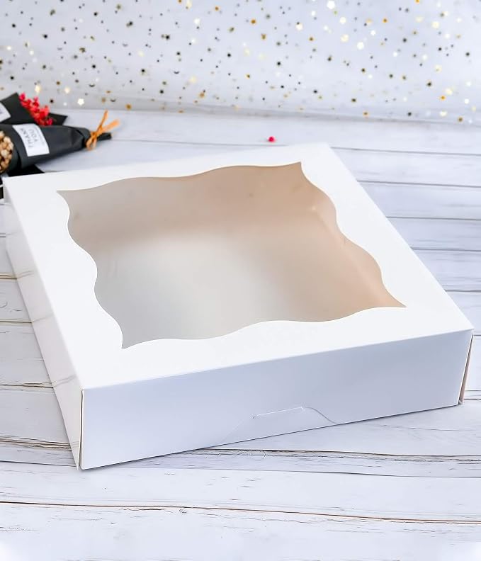 CHERRY 15-Pack 12"x12"x3"White Bakery Boxes with PVC Window for Pie and Cookies Boxes Large Natural Paper Box,Pack of 15
