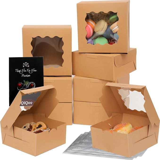 Bakepacker 60pcs Kraft Bakery Boxes with Window 6x6x3 inches Thick & Sturdy Macaroon Pastry Boxes Cookie Boxes for Bakerys