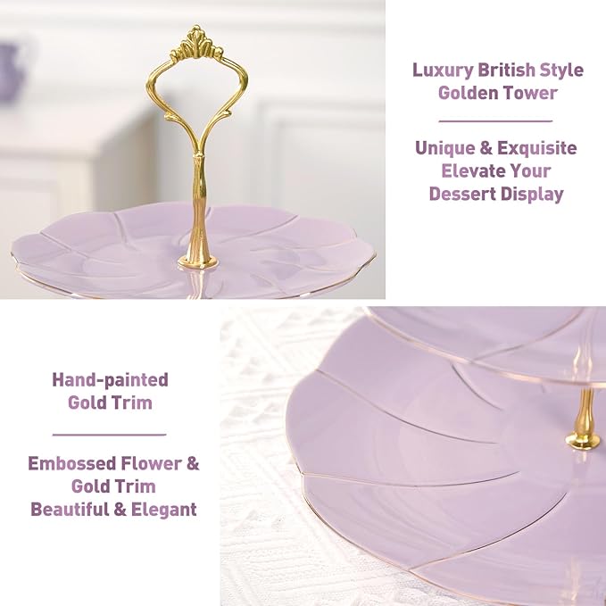 DUJUST Luxury Larger 3-Tier Cupcake Stand Tower, British Style Porcelain Serving Tray with Golden Trim, Food Grade Dessert Display Stand for Tea Party & Home Décor - 45% Purple Larger Plates