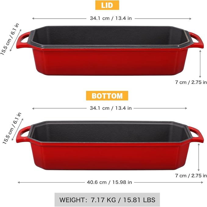 Flavehc Bread Pan Cast Iron Loaf Pan with Lid Bread Loaf Pan 13x5 Inch Enameled Cast Iron Sourdough Bread Pan,Red