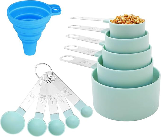 Measuring Cups and Spoons Set of Huygens Kitchen Gadgets 10 Pieces, Stackable Stainless Steel Handle Measuring Cups for Measuring Dry and Liquid Ingredient (Lake blue)