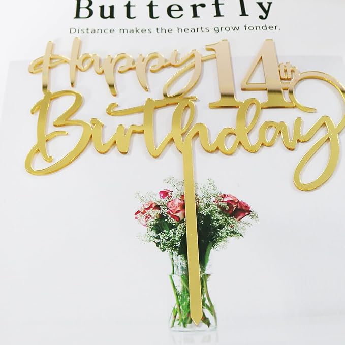 Happy 14 th birthday cake Topper,Mirrored Gold Acrylic Durable Cake Topper,14th Birthday Party Cake Decorations, Hello 14th years old, Happy fourteen years old, Birthday Party Decorations