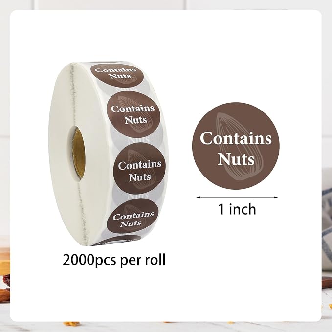 2000pcs Contains Nuts Stickers 1in Nut Allergen Warning Circle Dot Brown Tree Nut Allergy Food Rotation Advisory Label for Retail Food Packing Restaurant Cake Shop Cookie Bakery Businesses Kitchen