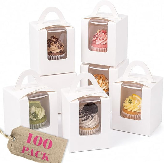 Bakepacker Individual Cupcake Boxes with Window 100 Count White Single Cupcakes Box 3.6"X3.6"X4.3" Cupcake Carrier