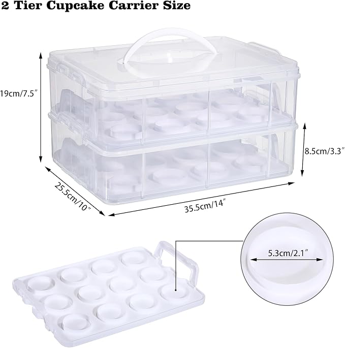 BSTKEY 2 Tier Cupcake Carrier, Each Tier Holds 12 Cupcakes, 2 in 1 Stackable Cupcake Container and Cake Keeper with Lid, Clear Plastic Box Holding 24 Pastries for Birthday Party Bakery Supplies