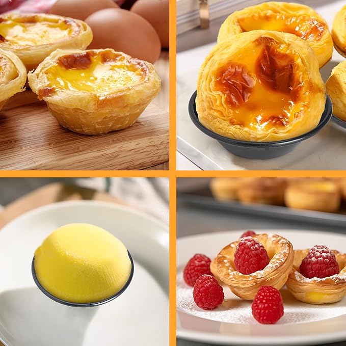 3 Inch Egg Tart Molds Set of 4, Carbon Steel Mini Tart Pan Non-Stick Tartlet Pans, Includes Oil & Dish Brushes for Baking Cupcake Cake Muffin Mold Tin Pan for Cakes, Cookies, Desserts