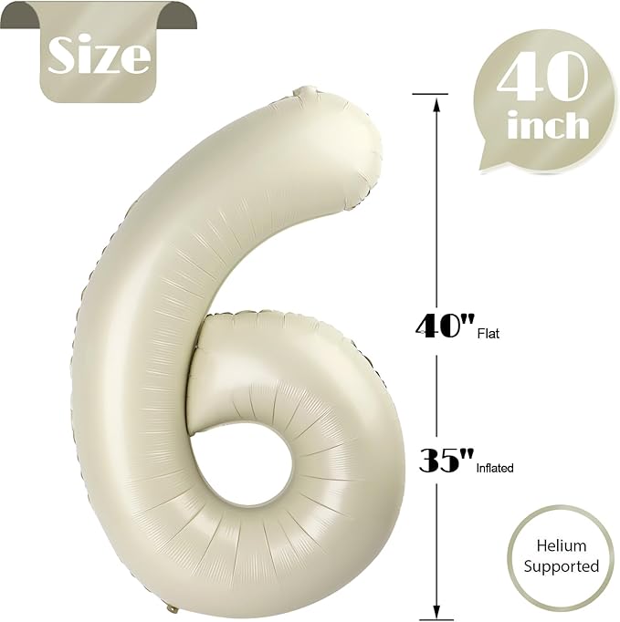 Cream 6 Balloon, Number Balloons 40 Inch, 6th Balloons for Birthday Decorations, Cream White Party Supplies 6 Birthday Balloon, Number 6 Balloon