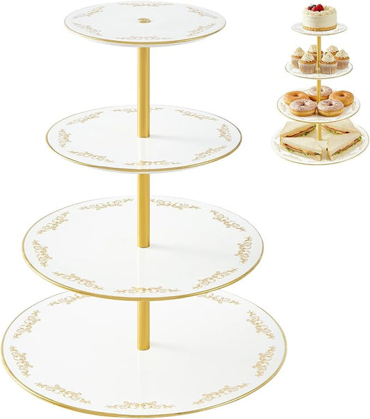 DUJUST 4-Tier Cupcake Stand Tower, British Style Porcelain Tiered Tray with Golden Trim & Pattern, Food Grade Dessert Display Stand, Beautiful Gift for Tea Party & Home Décor - White