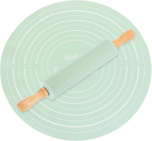 uxcell 6.7 Inch Silicone Rolling Pin and Pastry Baking Mat Set Small Dough Roller with Wood Handle for Pizza Pastry Fondant Home Kitchen, Mint Green