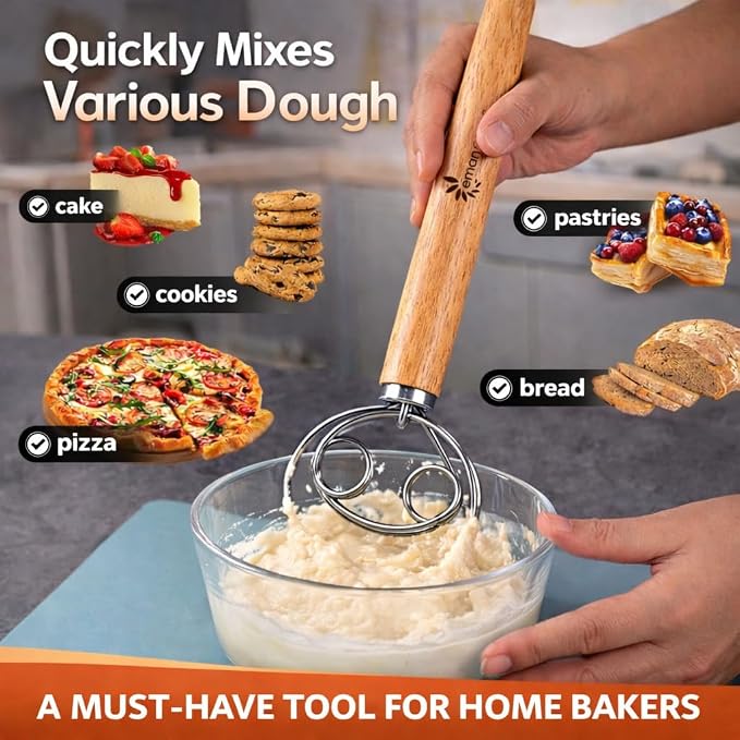 Danish Dough Whisk for Sourdough Bread – 13 Inch 2 Loop Stainless Steel Dutch Bread Whisk – Heavy Duty Dough Mixer for Bread Pizza Pastry Cookies – Ergonomic Oak Handle BPA Free