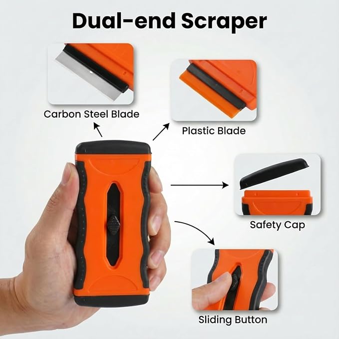 Mister Rui Razor Blade Scraper Tool Set, 2 Pack Retractable Scrapers with 30 Metal & 20 Plastic Blades, 5-Position Safety Lock Window Glass Stove Paint Floor Cleaning Scraper Kit
