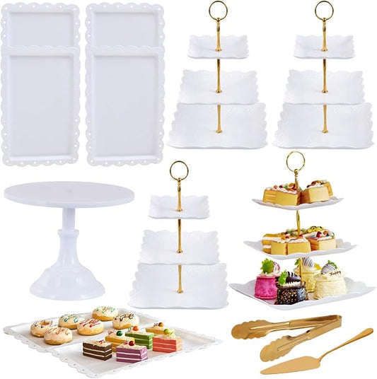 13-Piece Cake Display Set, 4 Square 3-Tier Cupcake Stands, Large Cake Stand, 6 Rectangular Trays, Golden Tongs & Server – Dessert Table Display for Weddings, Baby Showers & Parties